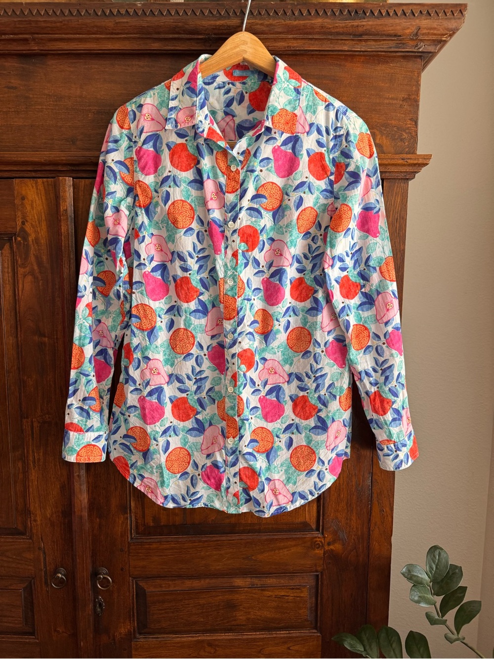 J McLaughlin tropical fruit print cotton Lois shirt - Picture 1 of 8